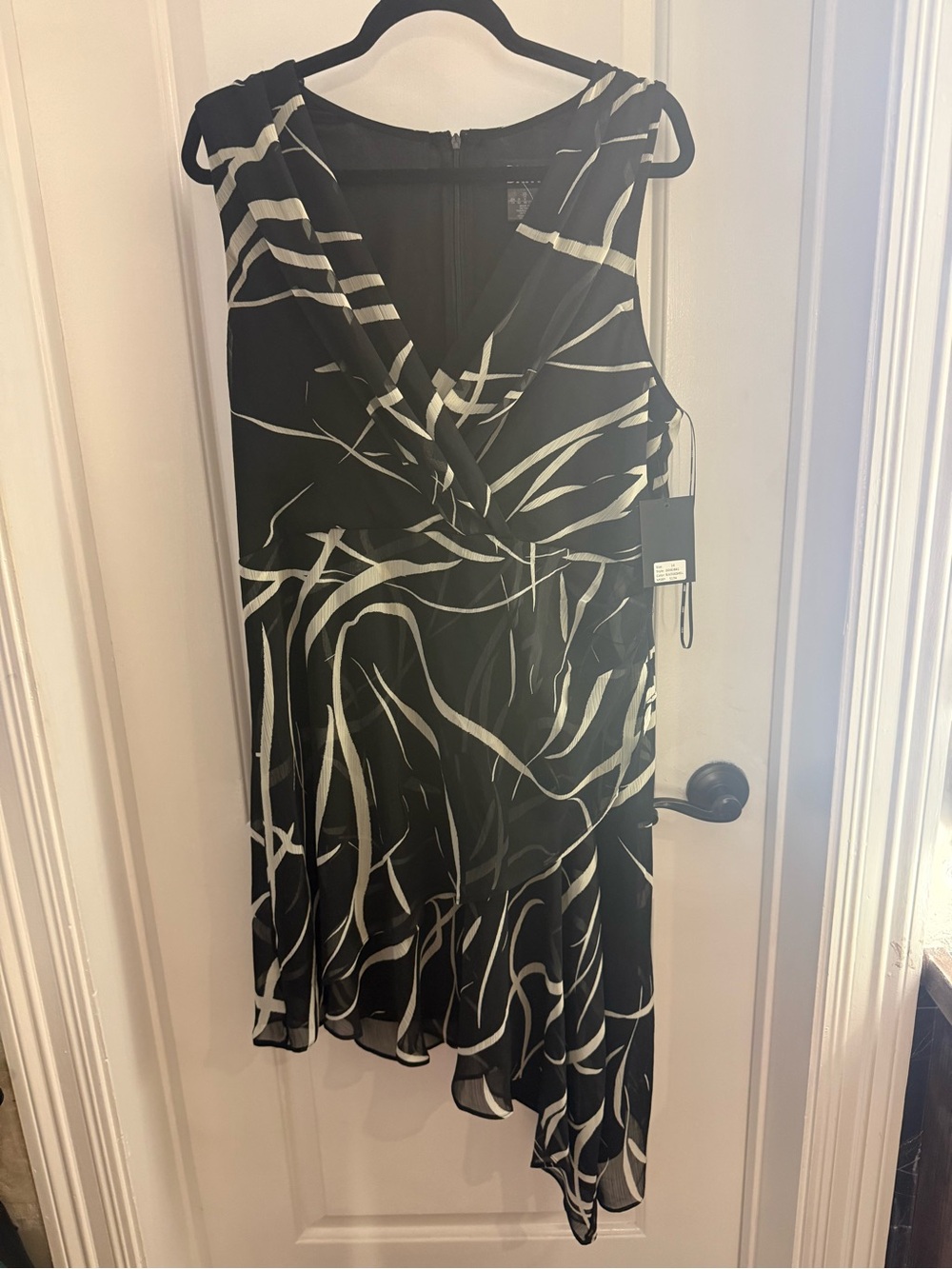 DKNY Black Dress with White Abstract Print and Asymmetrical Hem